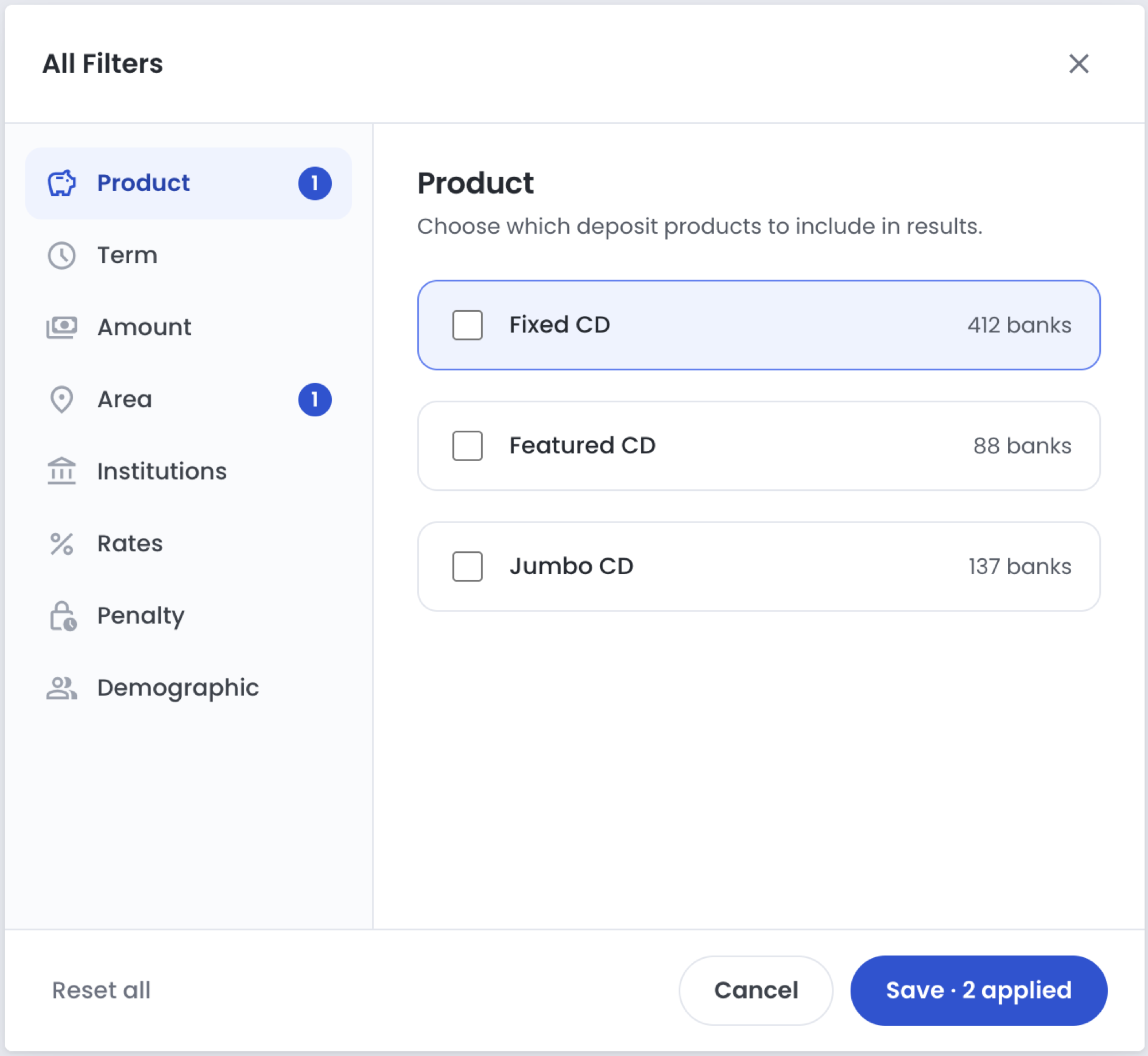 Filter direction two: a two-pane layout with categories on the left and options with bank counts on the right.